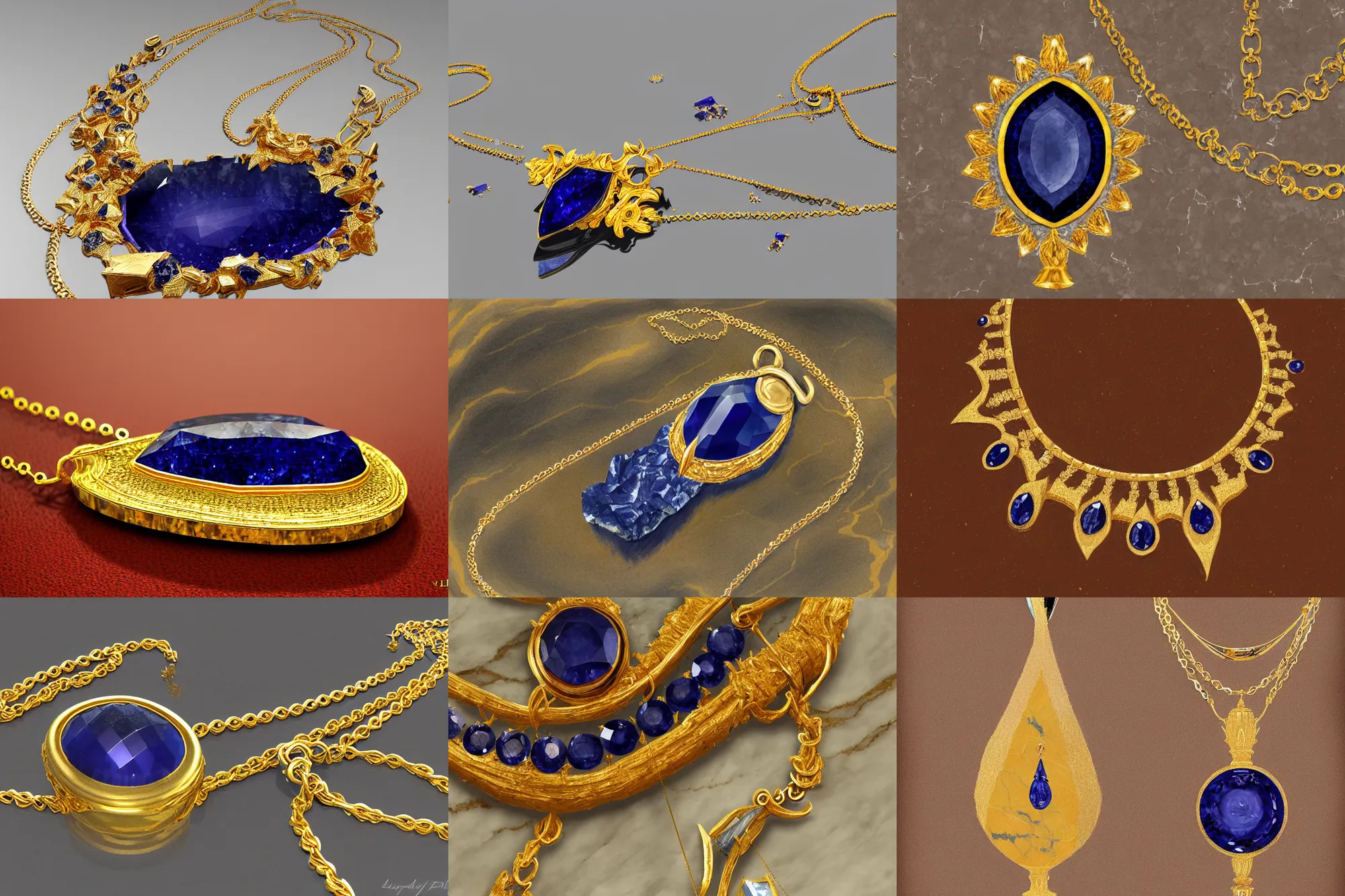 Prompt: A very highly detailed pointed faceted sapphire necklace with a thin gold chain and gold setting, resting on a polished marble countertop, digital rational painting art by Lindsey Look, Mike Bierek, Kamila Szutenberg, David Auden Nash, Franz Vohwinkel, Volkan Baga, Sung Choi, Ryan Pancoast, highly detailed, digital concept art, professional product shot, studio lighting, from above, sharp focus, realistic concept art rendered in Octane Render