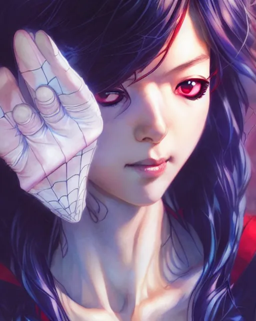 Image similar to portrait Anime spiderman cosplay girl cute-fine-face, pretty face, realistic shaded Perfect face, fine details. Anime. realistic shaded lighting by katsuhiro otomo ghost-in-the-shell, magali villeneuve, artgerm, rutkowski Jeremy Lipkin and Giuseppe Dangelico Pino and Michael Garmash and Rob Rey