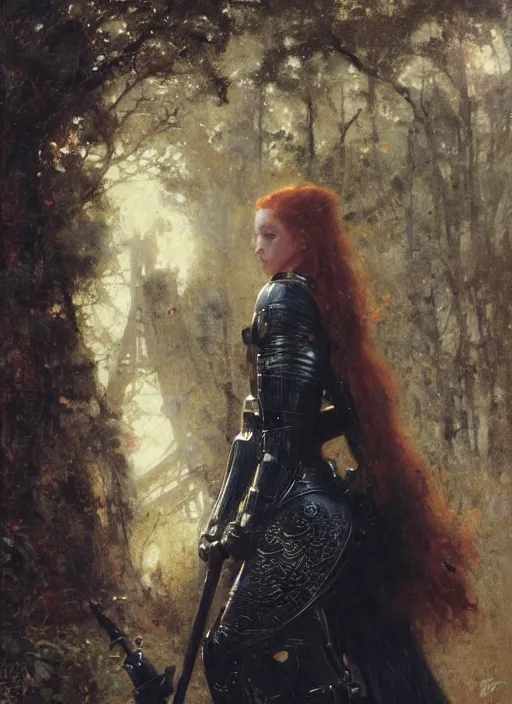 Image similar to young mischievous redheaded woman wearing black medieval armour, detailed, by gaston bussiere, bayard wu, greg rutkowski, giger, maxim verehin, greg rutkowski, masterpiece, sharp focus, cinematic lightning