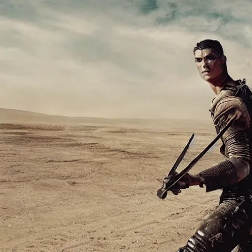 Image similar to cristiano ronaldo playing the guitar in mad max fury road ( 2 0 1 5 ), movie still,