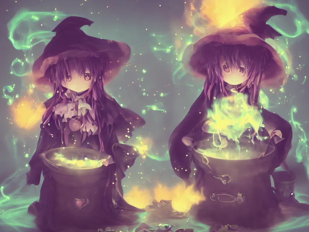 Prompt: cute fumo plush anime girl goth witch ghostly ethereal stirring a cauldron, lit by flashlight, big cast iron bubbling cauldron pot, hearts < 3, wisps vortices of fiery smoke potion, grainy and fine detailed, bokeh f / 2. 5, polaroid technicolor, vray, artstation