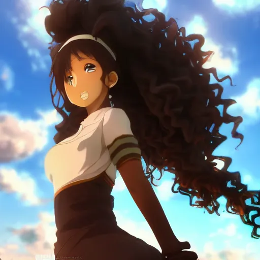 Image similar to a beautiful 3d brown anime girl, brown skin, long black curly hair, Cinematic lighting, medium shot, in a anime masterpiece, highly detailed, Trending on artstation, Cinematic wallpaper