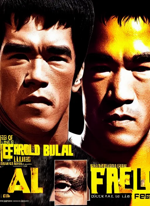 Prompt: Film poster Arnold Schwarzenegger VS Bruce lee , faces look at each other, detailed and realistic, 4k, filmic render