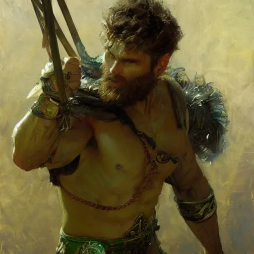 Image similar to young warrior marching toward the viewer, male, muscular, green eyes!!!!, straight nose!!!!!, beard, detailed face, thighs!!!!! gorgeous, amazing, muscular, intricate, highly detailed, painting by Gaston Bussiere, Craig Mullins