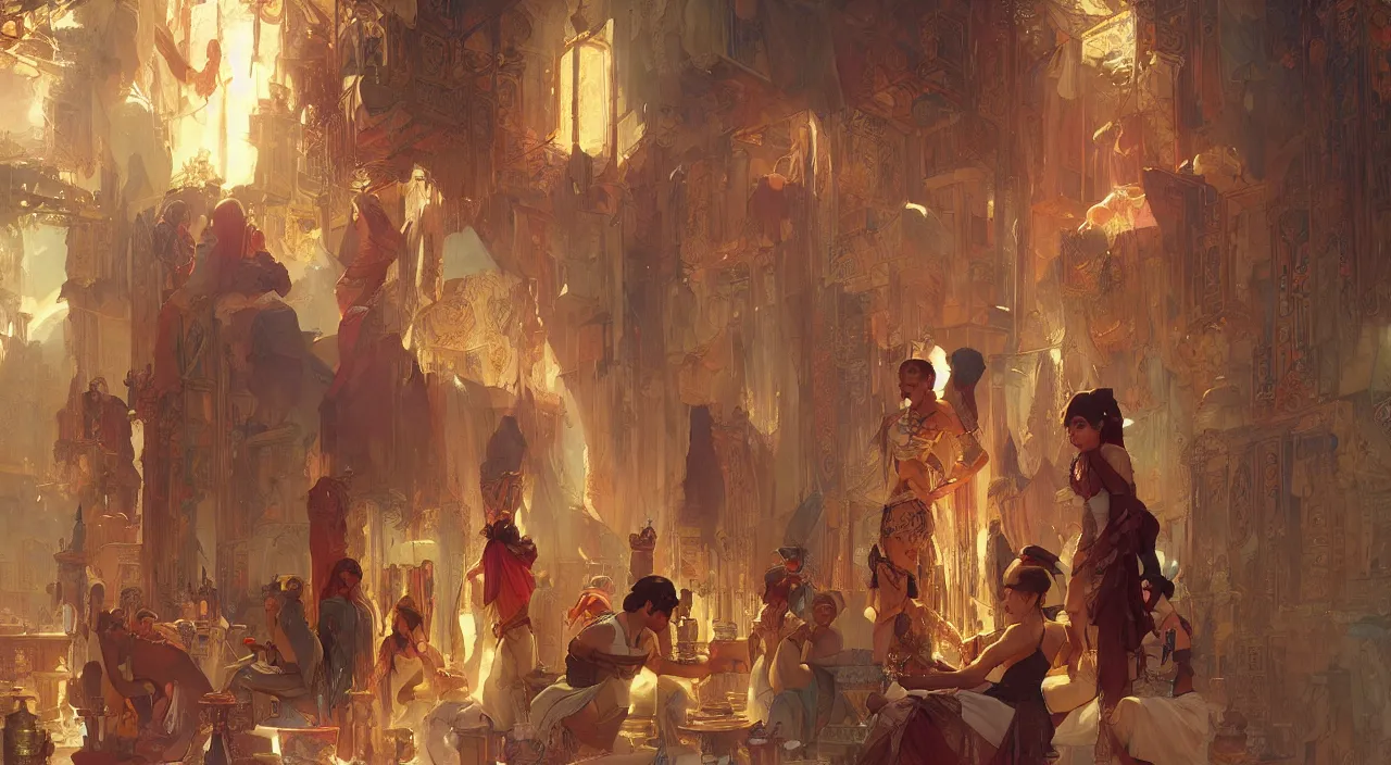 Image similar to bazaar zouk old egypt sky shine digital painting, artstation, concept art, illustration, cinematic lighting, art by artgerm and greg rutkowski and alphonse mucha