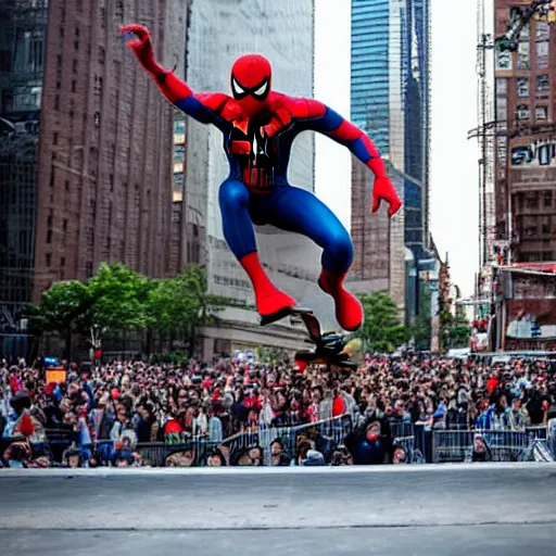 Prompt: spider - man performs a perfect kick flip on his skateboard in new york city whilst a crowd watches, beautiful photograph