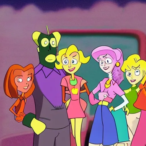 Image similar to courage the cowardly dog meets totally spies, crossover, cartoon, still from cartoon network