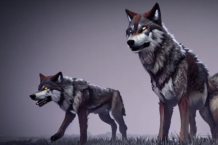 Prompt: pack of wolves in the style of zero dawn, video game, unreal engine, octane render, intricate details - n 4