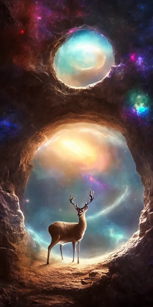 Image similar to a deer peering into a giant portal into the universe in the shape of a keyhole to the nebulae and galaxies, beautiful matte painting by weta workshop 4 k, cinematic dramatic atmosphere, dramatic lighting, trending on artstation