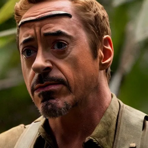 Prompt: cinematic still of robert downey jr as kirk lazarus in tropic thunder film