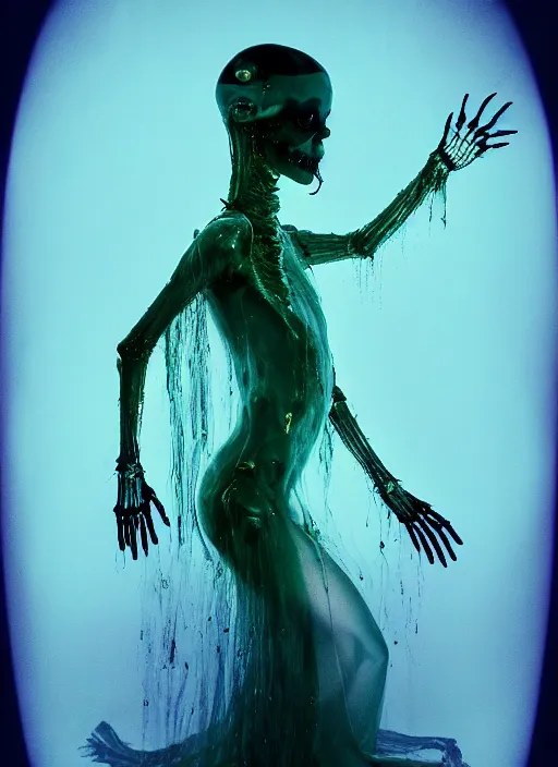 Prompt: darkly cinematic shot of a sci - fi sloppy saliva goo creature princess ungulate fairy ferret thing of slime crouched atop a fluid fool, translucent x ray transparent skin skeletal, she has iridescent membranes, flaring gills and baleen, shades of aerochrome gold, eerie, occult, gelatinous with a smile, dark bubbling ooze covered serious
