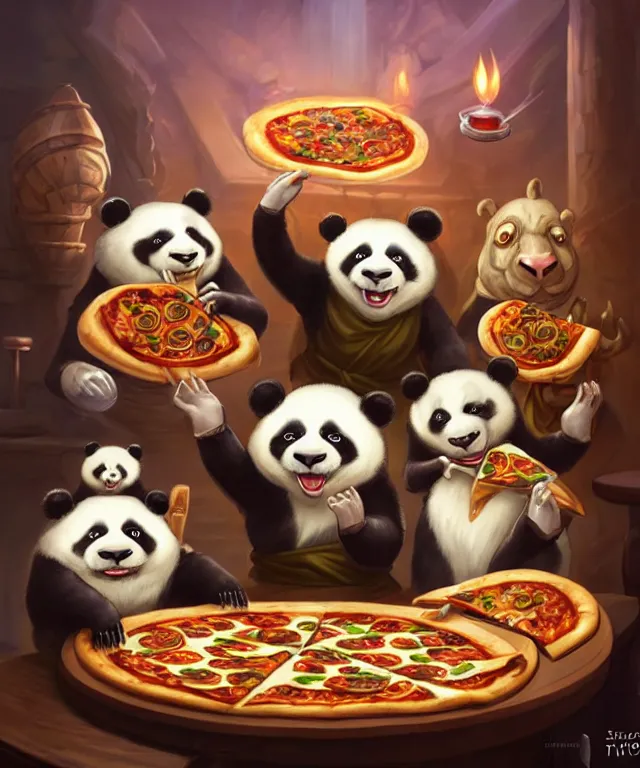 Image similar to a portrait of three anthropomorphic panda mages eating pizza and salad, wearing mage robes, restaurant in background, cute and adorable, dnd character art portrait, well rendered matte fantasy painting, deviantart artstation, by jason felix by steve argyle by tyler jacobson by peter mohrbacher, cinematic lighting