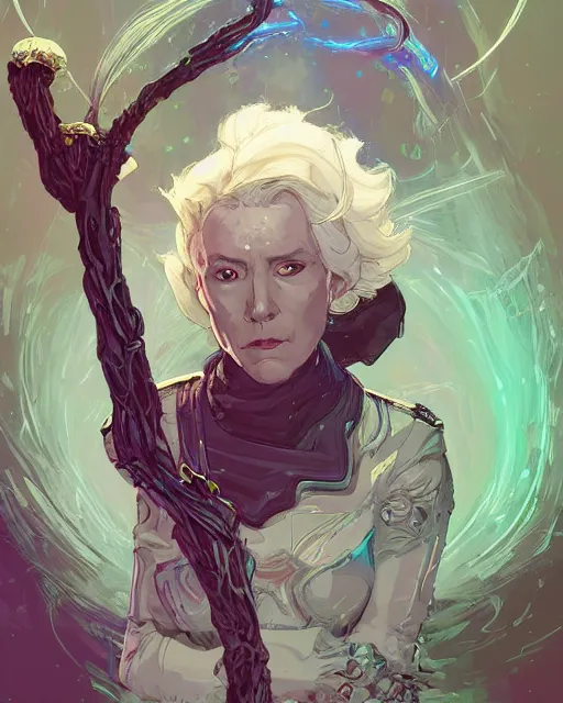 Image similar to a white-haired witch holding a gnarled walking staff, glowing iridescent accents, digital apex legends illustration portrait, gorgeous lighting, wide angle action dynamic portrait, art by Josan Gonzalez, blue and gold palette, high contrast