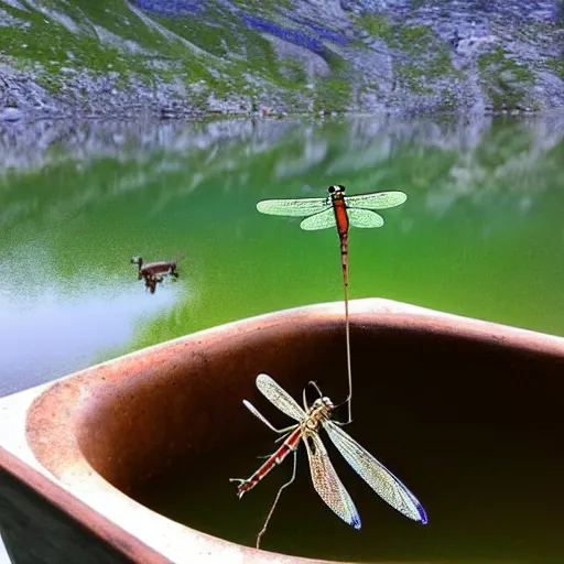 Image similar to dragonfly in a bathtub in the alps, goats!!!!!!!! in background