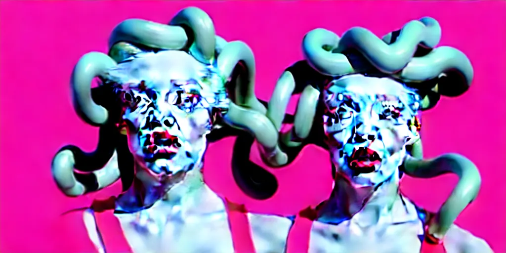 Prompt: modern sculpture, young woman as medusa as miranda sings, multiple poses, vaporwave, low resolution video from 2 0 0 3