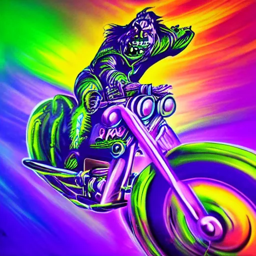 Image similar to psychedelic blacklight airbrush artwork, hyper stylized action shot of an orc biker riding a motorcycle, clear focused details, soft airbrushed edges and gradients on a black background