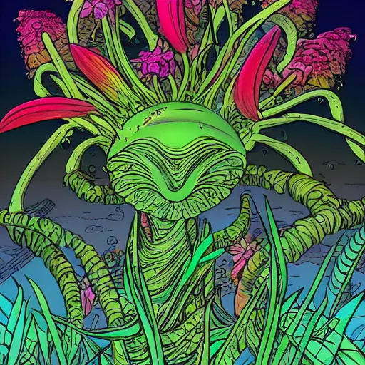 Prompt: crazy vegetation and alien flowers by moebius, clean line, colorful comics style, artstation