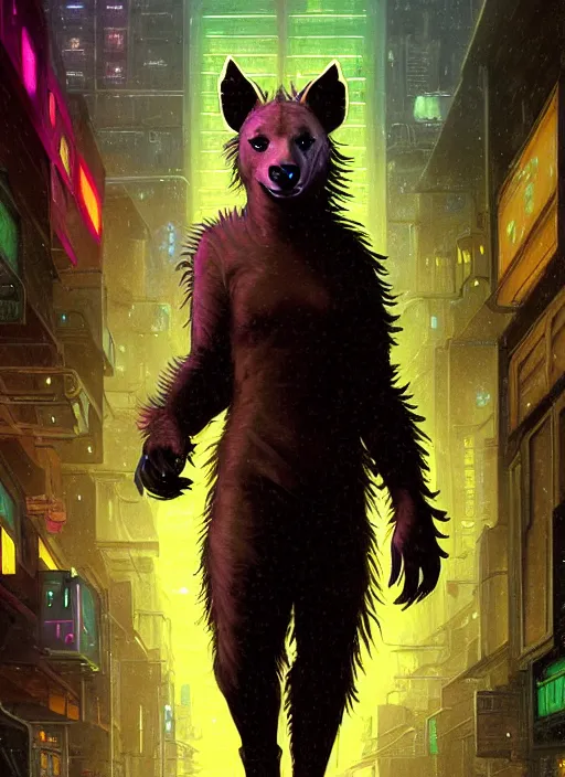 Prompt: beautiful full-body portrait commission of a (female furry anthro spotted hyena fursona wearing jedi robes) (in a cyberpunk city at night in the rain). Neon light. Atmospheric. Renowned character illustration by greg rutkowski, thomas kindkade, alphonse mucha, loish, norman rockwell. detailed, dungeons and dragons character art