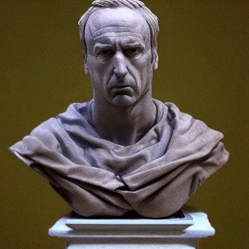 Image similar to “ Vince Gillian, better call Saul, highly detailed, realistic, marble bust, Michelangelo sculpture, very old, very dusty”