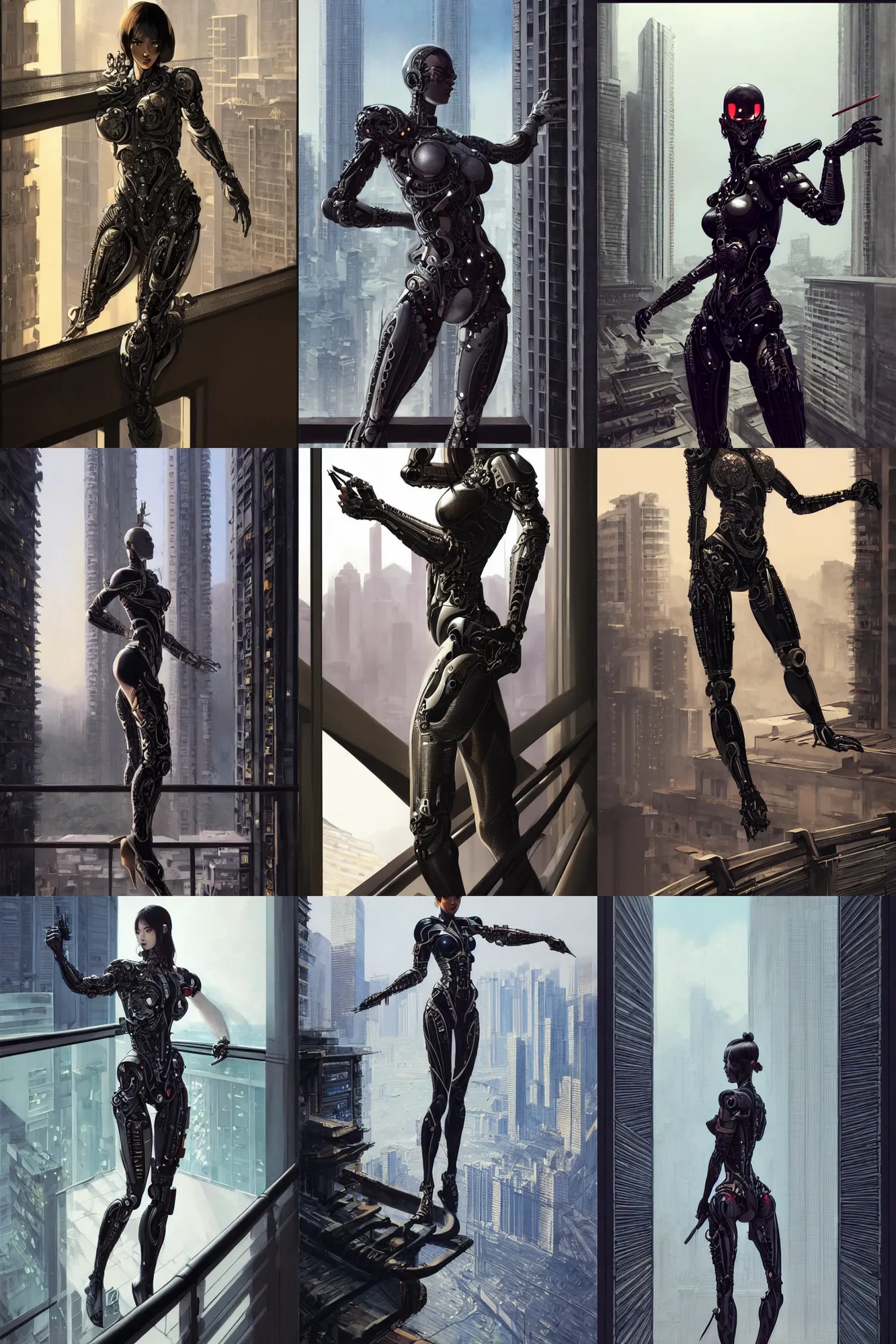 Prompt: full body portrait of beautiful alluring cyborg assassin, dramatic pose, set in ultra realistic kowloon balcony, intricate, elegant, sharp focus, illustration, highly detailed, concept art, matte, trending on artstation, art by wlop, artgerm, greg rutkowski, ilya kuvshinov, yoji shinkawa,