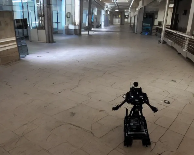 Image similar to camera footage of a Darpa Robot hunting in an abandoned shopping mall, high exposure, dark, monochrome, camera, grainy, CCTV, security camera footage, timestamp, zoomed in, fish-eye lense, Robot, Drone, Intense, Darpa,