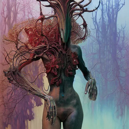 Image similar to forest creature cyber nomad android by zdzisław beksinski, iris van herpen, raymond swanland, craig mullins and alphonse mucha. highly detailed, hyper - real, beautiful