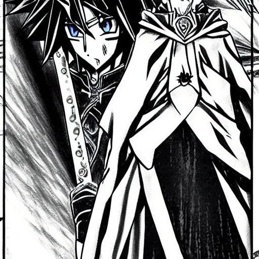 Image similar to anime, manga drawing of yugi muto versus sauron from lotr lord of the rings, yu - gi - oh art