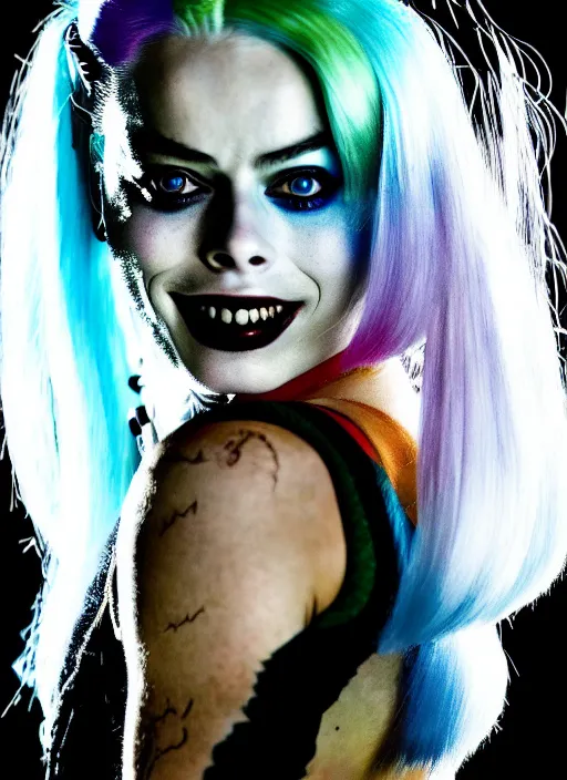 Image similar to 2 8 mm side portrait of beautiful suicide squad happy margot robbie with long white hair that looks like harley quinn, gotham city double exposure, angry frown, glamour pose, watercolor, frank miller, annie leibowitz