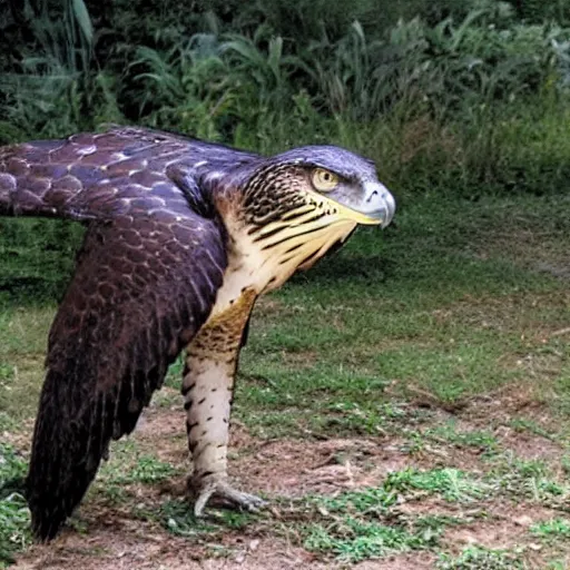 Prompt: hawk and crocodile morphed together, half crocodile, half hawk, real picture taken in zoo, realistic hawk proportions, head of crocodile is seamlessly merged with hawk