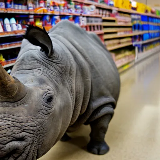 Prompt: a rhino in a walmart, photography, high resolution 8 k,