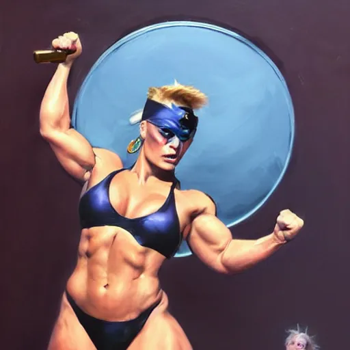 Prompt: greg manchess portrait of margot robbie as thick female bodybuilder zarya from overwatch in disco elysium, 1 3, epic grimdark, fantasy, medium shot, asymmetrical, profile picture, organic painting, sunny day, matte painting, bold shapes, hard edges, street art, trending on artstation, by huang guangjian and gil elvgren and sachin teng