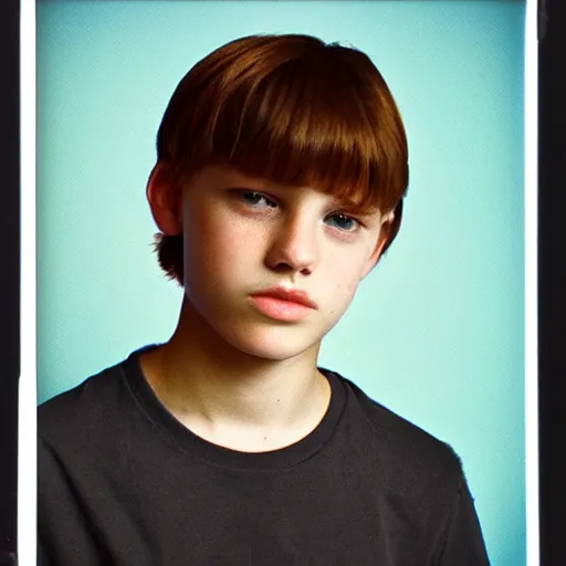 Prompt: medium shot portrait, teen male, 9 0 s bowl cut hairstyle, gecko t shirt, polaroid instant film