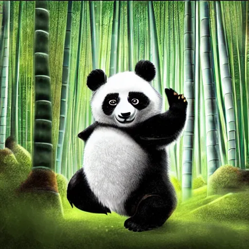 Image similar to photorealistic dramatic fantasy digital painting of a hybrid creature who is part anthropomorphic panda and part beautiful chinese woman, in the moonlit bamboo forest at night. fusion of humanoid panda and human. highly - detailed professional art.