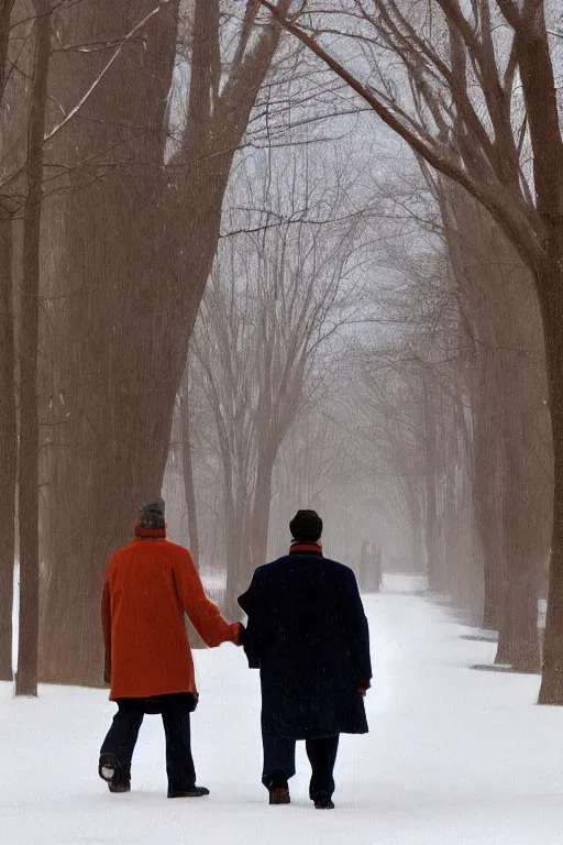 Image similar to a very tall man with dark hair holding the hands of a short young boy as they walk in a park on a bright beautiful winter day. part in the style of an edgar degas painting. part in the style of david hockney. triadic color scheme