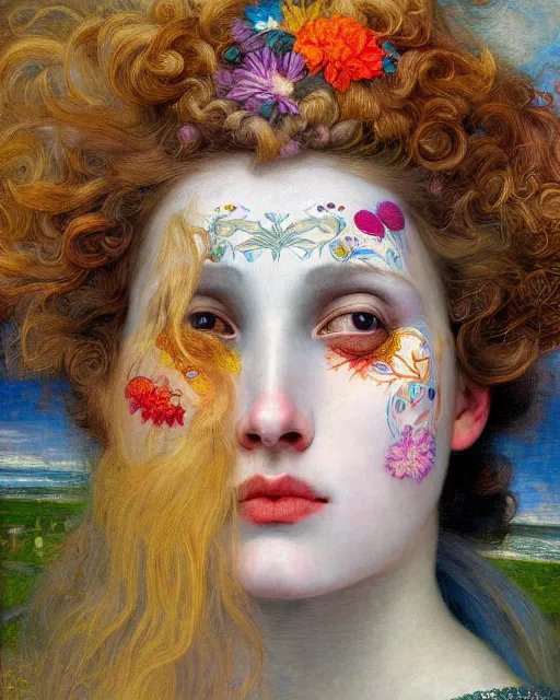 Image similar to a beautiful girl in the clouds wearing colourful face paint surrounded by colourful intricate patterns, by edgar maxence and caravaggio and michael whelan, intricate painting, hyper realistic, extremely detailed and beautiful aesthetic face, 8 k resolution