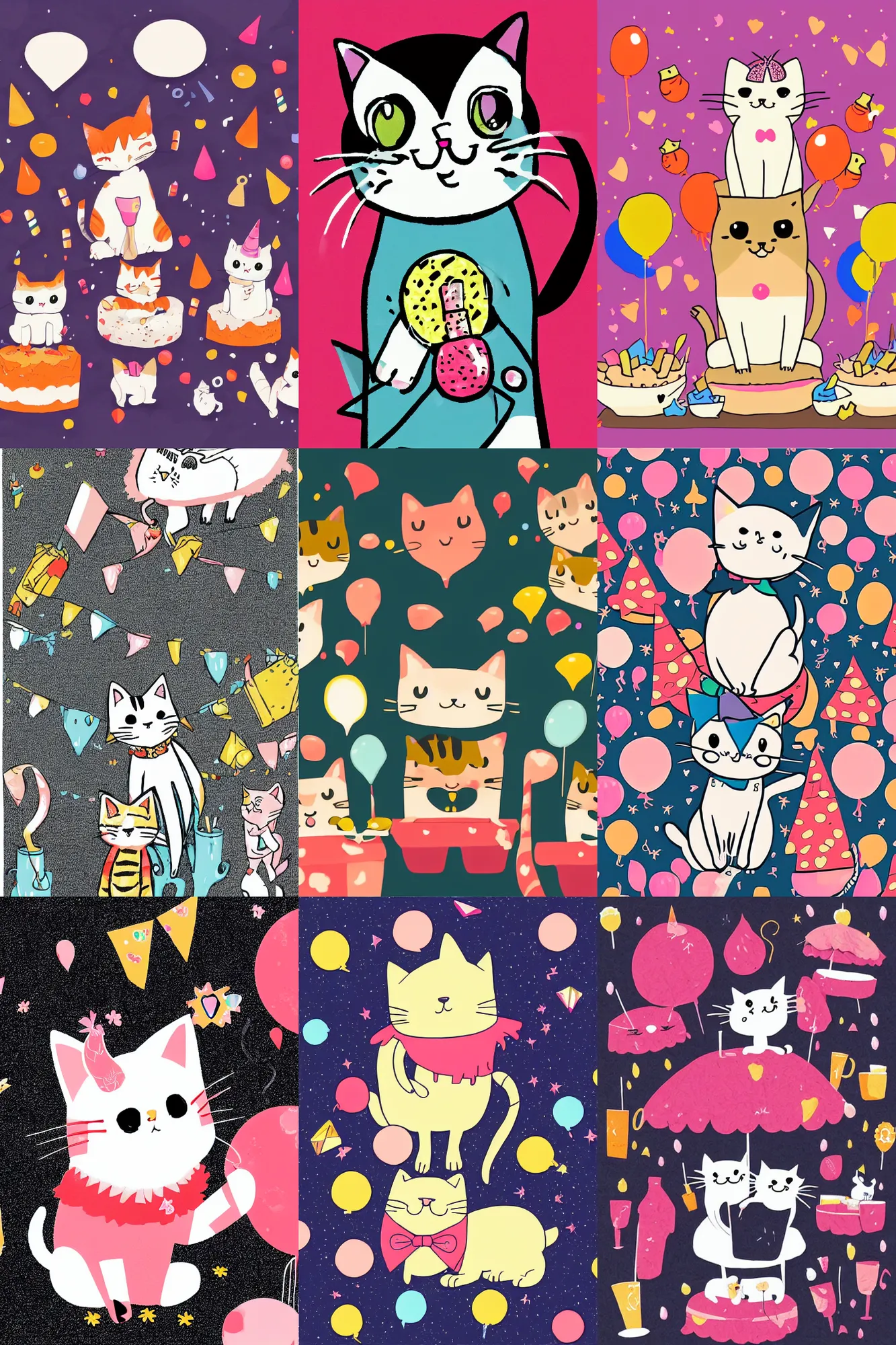 Prompt: Kawaii illustration of a cat having a party