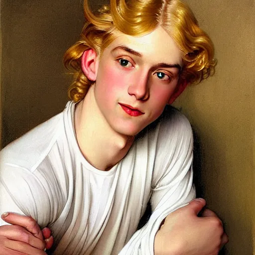 Image similar to beautiful portrait painting of the androgynous pale blond prince Lucius with long curly blond hair, delicate young man wearing a soft white poet shirt smiling sleepily at the viewer, curtain bangs Center parted fringe over his eyebrows, in love by J.C Leyendecker and Norman Rockwell