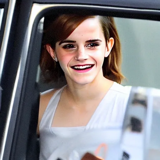 Prompt: emma watson unapologetically grinning from her car window, paparazzi photo, tabloid, perfect clear eyes, hermione granger