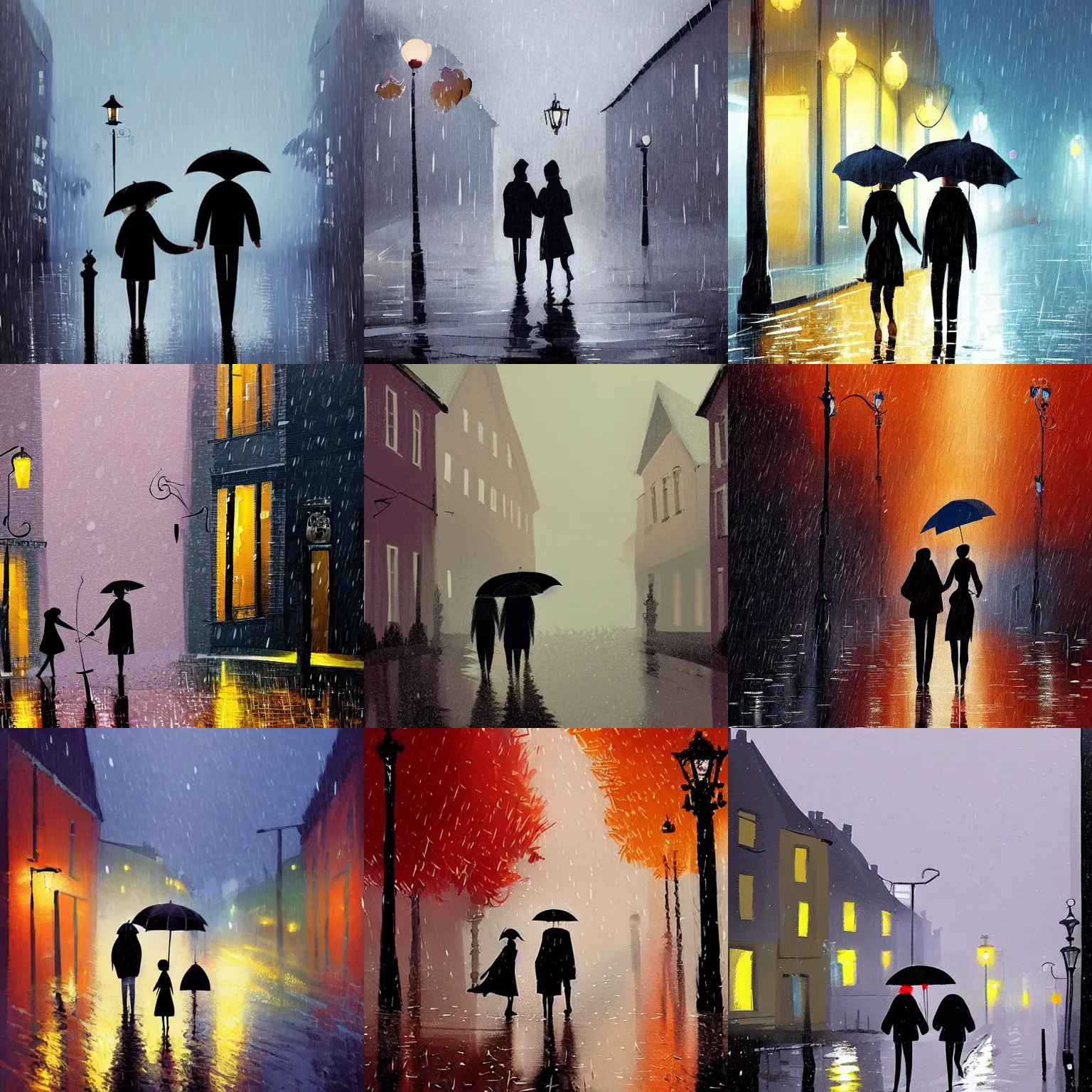Prompt: a pair of lovers walking down the street in Norway during autumn raining night with an umbrella in the style of Pascal Campion