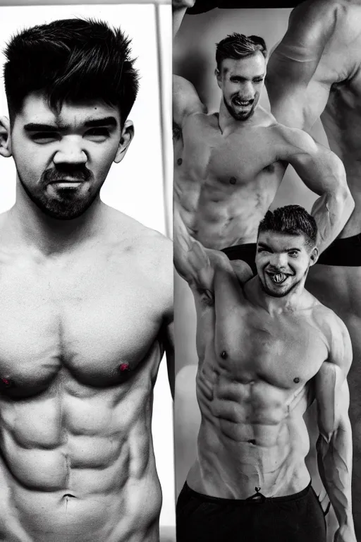 Prompt: Sean McLoughlin, jacksepticeye, jack, irish youtuber, is a jacked muscle builder gigachad, grayscale photography