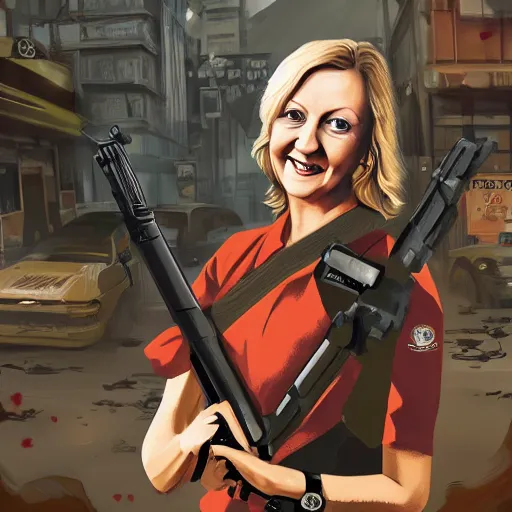 Image similar to painting of liz truss with a gun in racoon city full of zombies, hd, 4 k, 8 k artstation,