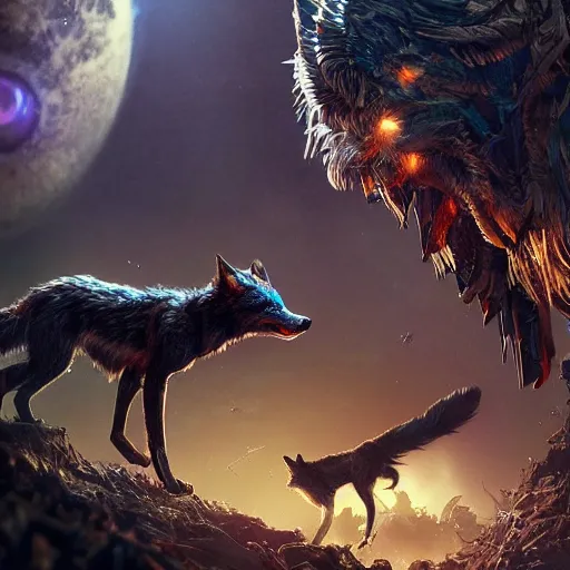 Image similar to a beautiful photograph of a biopunk wolf and a biopunk fox fight. intricate, epic lighting, cinematic composition, hyper realistic, 8 k resolution, unreal engine 5, by artgerm, tooth wu, dan mumford, beeple, wlop, rossdraws, james jean, marc simonetti, artstation