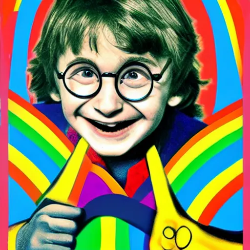 Image similar to rainbow excited smiling harry potter. pop art