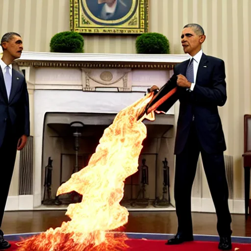 Prompt: Barack Obama holding huge flaming sword in the white house