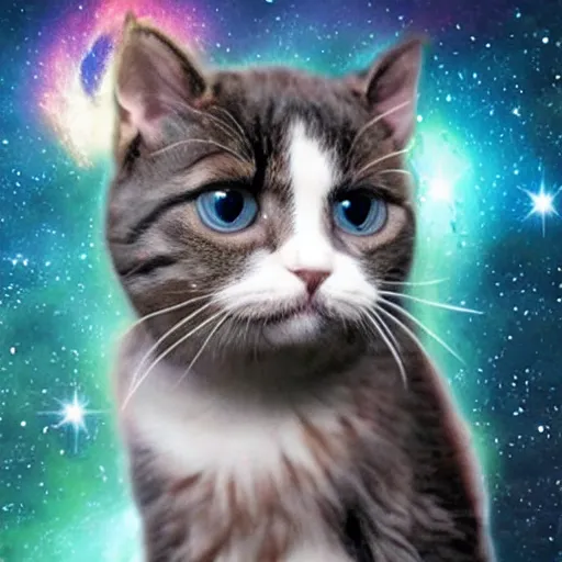 Prompt: cute cat merging with the galaxy