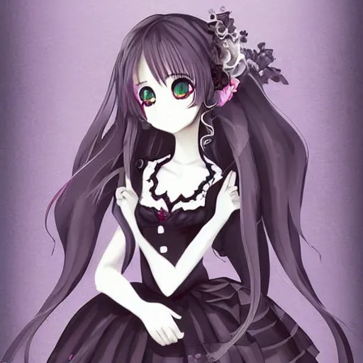 Image similar to beautiful illustration of anime maid, stunning and rich detail, pretty face and eyes. Gothic style, clear and perfect anatomy. Full-body shot from the side