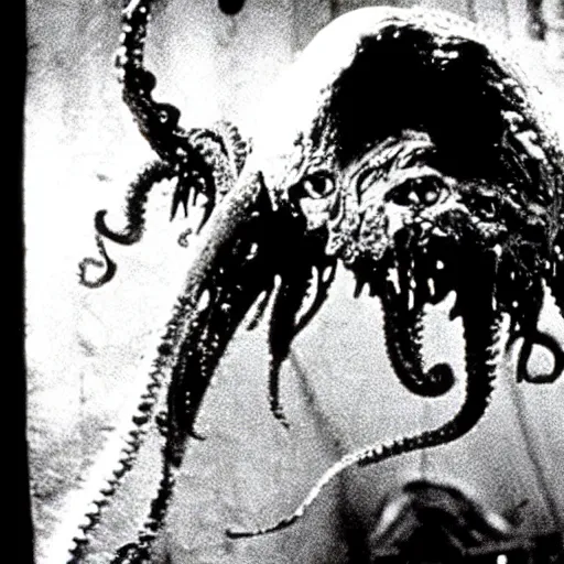 Prompt: horrible creature from the movie The thing (1982). disgusting. movie scene. blood. creepy. tentacles. peeling. chilling. scary. gross. visceral. disturbing. granular photography. old movie W-1024 H1024