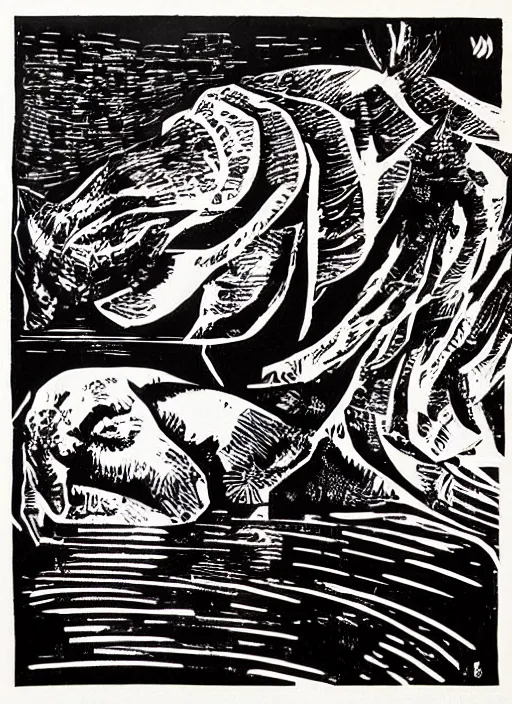 Prompt: linocuts by Vladimir Zimakov