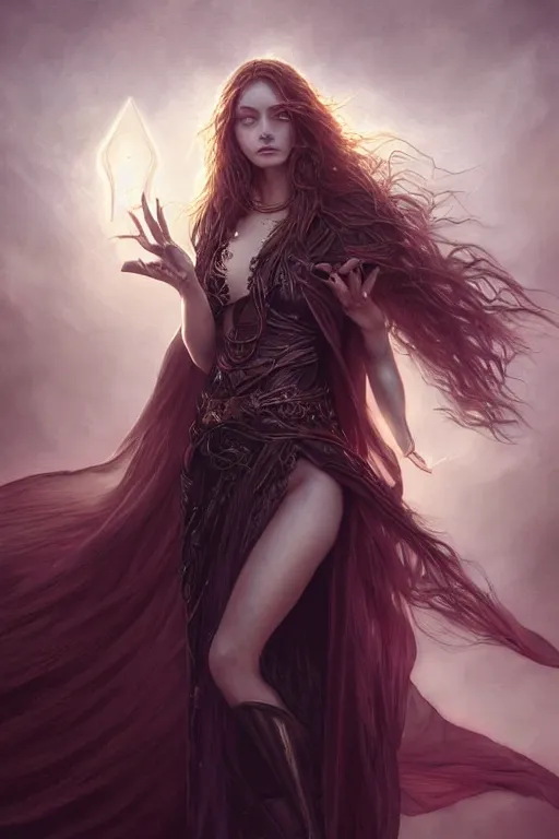 Image similar to seductive looking sorceress prays!!! magic the gathering, windy hair!, surreal dark fantasy, cinematic volumetric lights, portrait, dnd, intricate, elegant, highly detailed, digital painting, artstation, concept art, smooth, sharp focus, illustration, art by artgerm and tom bagshaw and greg rutkowski and alphonse mucha