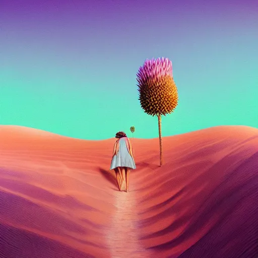 Prompt: portrait, giant purple dahlia flower head, woman between dunes, surreal photography, sunrise, blue sky, dramatic light, impressionist painting, digital painting, artstation, simon stalenhag